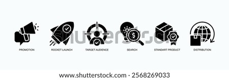 Growth And Strategy Icon Set Icon Set Isolated Vector Illustration Concept With Icon Of Promotion, Rocket Launch, Target Audience, Search, Standart Product, Distribution In Glyph Style