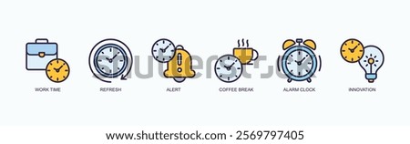 Productivity Essentials Icon Set Icon Set Isolated Vector Illustration Concept With Icon Of Work Time, Refresh, Alert, Coffee Break, Alarm Clock, Innovation In Outline Color Style