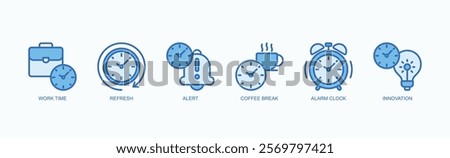 Productivity Essentials Icon Set Icon Set Isolated Vector Illustration Concept With Icon Of Work Time, Refresh, Alert, Coffee Break, Alarm Clock, Innovation In Blue Style