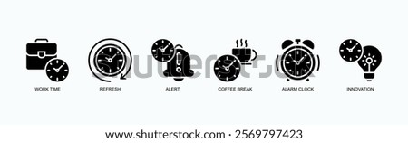 Productivity Essentials Icon Set Icon Set Isolated Vector Illustration Concept With Icon Of Work Time, Refresh, Alert, Coffee Break, Alarm Clock, Innovation In Glyph Style