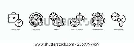 Productivity Essentials Icon Set Icon Set Isolated Vector Illustration Concept With Icon Of Work Time, Refresh, Alert, Coffee Break, Alarm Clock, Innovation In Outline Style