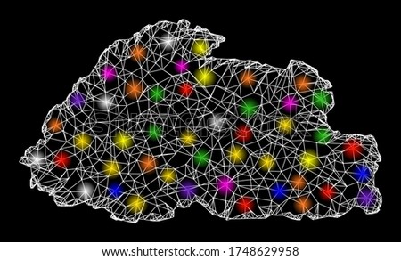 Web mesh vector map of Bhutan with glare effect on a black background. Abstract lines, light spots and spheric points form map of Bhutan constellation.