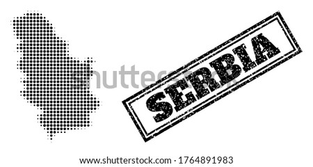 Halftone map of Serbia, and dirty seal. Halftone map of Serbia designed with small black spheric dots. Vector seal with grunge style, double framed rectangle, in black color.