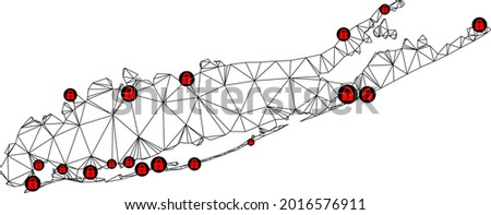 Polygonal mesh lockdown map of Long Island. Abstract mesh lines and locks form map of Long Island. Vector wire frame 2D polygonal line network in black color with red locks.
