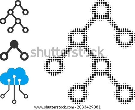 Halftone binary tree. Dotted binary tree designed with small spheric elements. Vector illustration of binary tree icon on a white background. Halftone array contains circle elements.