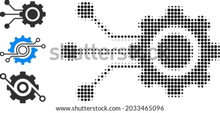 Halftone gear connectors. Dotted gear connectors generated with small circle elements. Vector illustration of gear connectors icon on a white background. Halftone array contains circle elements.
