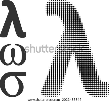 Halftone Lambda Greek lowercase letter. Dotted Lambda Greek lowercase letter designed with small round pixels. Vector illustration of Lambda Greek lowercase letter icon on a white background.