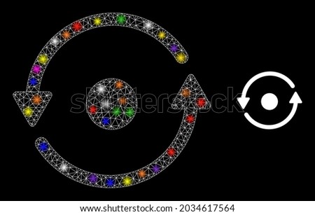 Glowing mesh rotation glare icon with light spots. Illuminated vector model based on rotation glyph. Sparkle carcass mesh rotation on a black background. Linear carcass flat mesh in vector format.