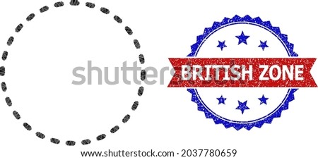 Low-poly dashed circle area polygonal symbol illustration, and grunge bicolor rosette stamp imprint, in red and blue colors. Collage dashed circle area formed from randomized filled triangles.