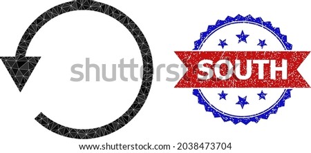 Low-poly rotate CCW polygonal symbol illustration, and grunge bicolor rosette seal stamp, in red and blue colors. Mosaic rotate CCW composed of random color triangles.
