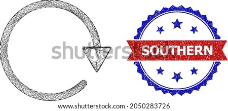 Crossing mesh rotate CW framework icon, and bicolor grunge Southern watermark. Flat frame created from rotate CW icon and crossing lines. Vector seal with grunge bicolored style,