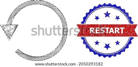 Crossing mesh rotate CCW carcass icon, and bicolor textured Restart watermark. Flat structure created from rotate CCW pictogram and crossing lines. Vector watermark with grunge bicolored style,