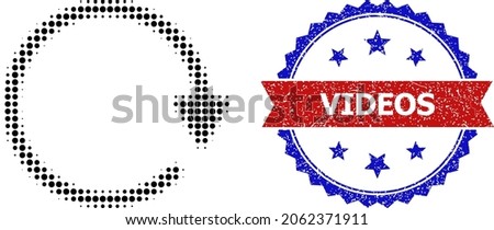 Halftone rotate CW icon, and bicolor grunge Videos seal. Halftone rotate CW icon is constructed with small round points. Vector seal with unclean bicolored style,