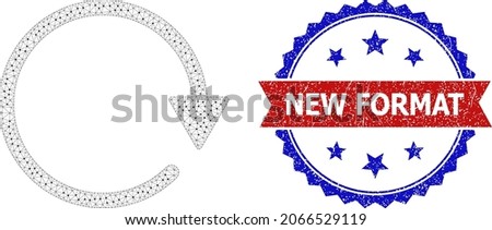 New Format textured stamp seal, and rotate CW icon mesh structure. Red and blue bicolored stamp seal includes New Format text inside ribbon and rosette. Abstract flat mesh rotate CW,