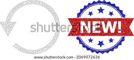 New unclean stamp seal, and rotate CCW icon mesh model. Red and blue bicolor seal contains New text inside ribbon and rosette. Abstract flat mesh rotate CCW, designed with flat mesh.