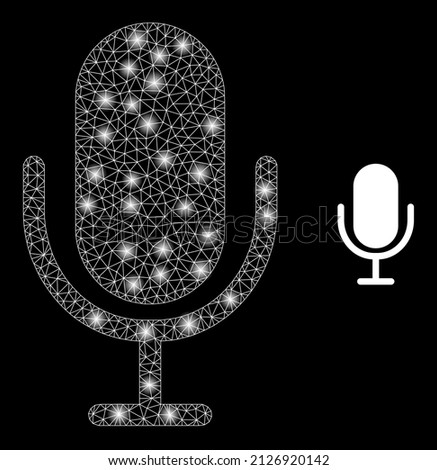Microphone icon and bright net mesh microphone structure with magic spots. Illuminated model generated from microphone vector icon and polygonal mesh. Illuminated carcass microphone,