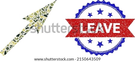 Military camouflage mosaic of sharp arrow icon, and bicolor dirty Leave stamp. Vector watermark with Leave tag inside red ribbon and blue rosette, retro bicolored style.