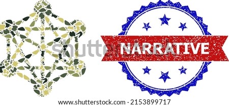 Military camouflage mosaic of network icon, and bicolor grunge Narrative watermark. Vector watermark with Narrative text inside red ribbon and blue rosette, distress bicolored style. Foto stock © 