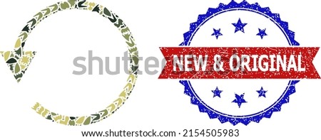 Military camouflage mosaic of rotate CCW icon, and bicolor textured New and Original seal. Vector seal with New and Original tag inside red ribbon and blue rosette, distress bicolored style.