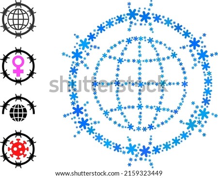 Mosaic barbed wire globe icon is created for winter, New Year, Christmas. Barbed wire globe icon mosaic is constructed from light blue snow icons. Some bonus icons are added.