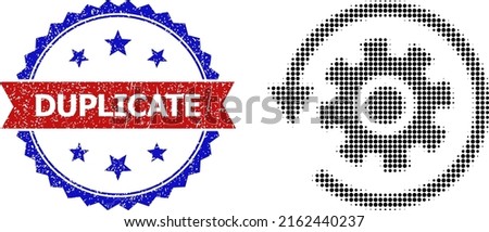 Halftone gear rotation icon, and bicolor grunge Duplicate seal stamp. Halftone gear rotation icon is made with small spheric points. Vector seal with scratched bicolored style,