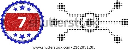 Halftone circuit network icon, and bicolor grunge 7 seal. Halftone circuit network icon is constructed with small spheric items. Vector seal with corroded bicolored style,