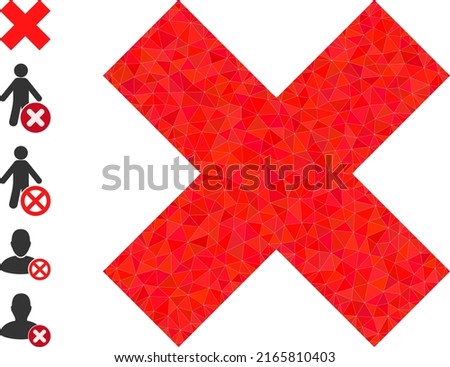 Vector triangulated x-cross delete icon illustration is combined with chaotic filled triangles. Triangle x-cross delete polygonal 2d vector illustration.