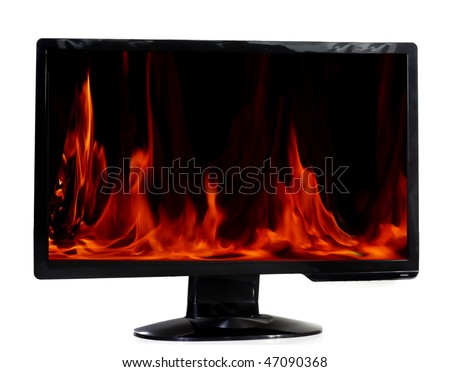 Burning lcd monitor isolated on white