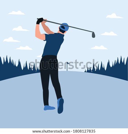 a man swing golf stick in the golf field - two tone flat illustrations