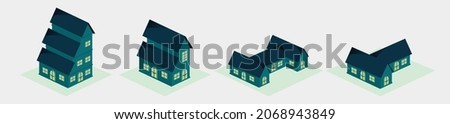 three-story house, two storey house, H house, T house set on white background. created in three-dimensional