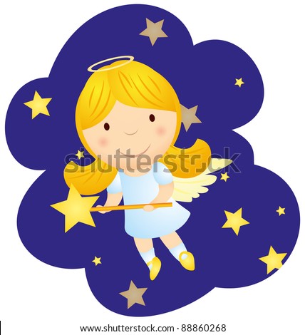 Vector Cute Cartoon Angel Girl Flying In The Night Sky Between Yellow ...