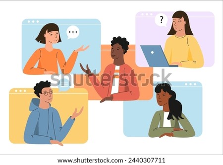 Online video call, meeting, virtual conference with team of remote workers. Group of men and women talking and discussing on computer screen. Online chat vector illustration.	