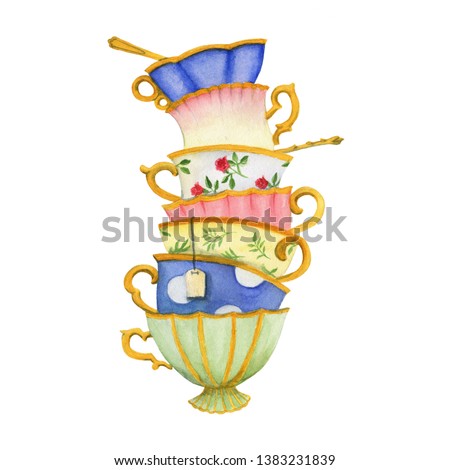Watercolor illustration in pastel colors. Bunch of vintage tea cups on white background.