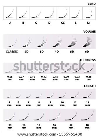 Eyelash extensions, the table, the amount of the length of thickness curve, vector illustration