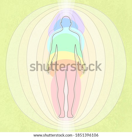 Stylization of human energy, seven chakras, body, vector illustration
