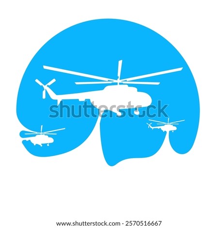 Three Flying helicopter isolated icon vector. Helicopter Blue Line and Fill Vector Icon. Vector silhouette illustration of helicopter air transportation for logo. Aviation logo inspirations.