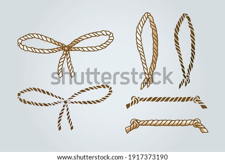 rope bow, vector rope loop, braided rope with knots, bow made of thread, golden bow straight rope, freehand drawing