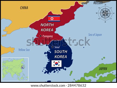 Map of Location of Korea and Flags