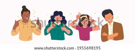 Happy people with teeth braces. Group of different gender and age people demonstrates dental braces for teeth alignment. Dental care. Trending flat vector.