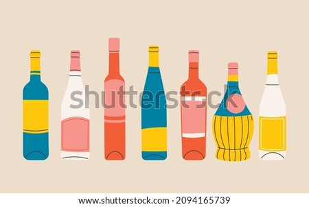 Set of vector flat bottles of wine. Labels without titles. Illustration for bar or restaurant menu design. Blue, yellow, red, white.