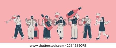 Set of cute characters with huge wine glasses and bottles. Men and women have fun at a party or wine tasting. Vector isolated illustrations for the design of cards, posters or invitations.