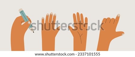 Set of left hands with various gestures. The hand holds a pencil, pointing gesture, hand with the back side and the outside. Vector flat isolated illustration for design.