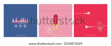 International Podcast Day. A set of square postcards for September 30th. Wired earbuds, equalizer sound wave, studio microphone. Vector illustration for design.