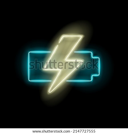 Neon battery template with lightning. Battery charge icon. Neon style. Accumulator. Charge of energy. Poster on the wall. T-shirt print. Vector illustration. Simple icon for websites, mobile app.