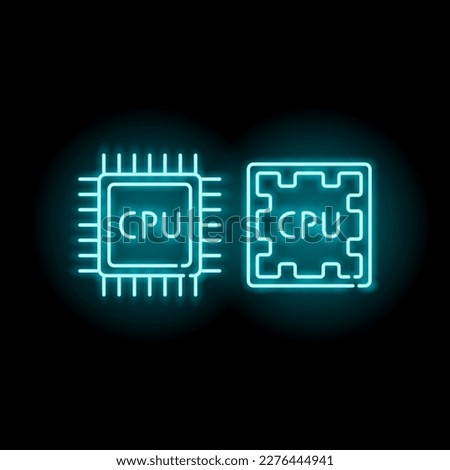 CPU in neon style. Glowing neon Processor. Multi-core processor. Integrated circuit. Glowing sign. Microchip Processor neon sign. CPU icon. 2 CPUs type. Vector illustration. EPS 10.