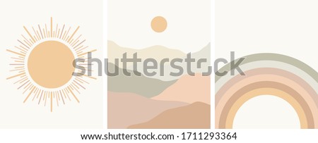 neutral colors abstract art set, rainbow, sun, minimal landscape, mountains, vector illustration