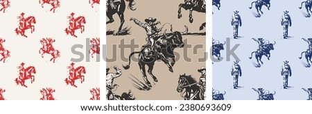 Cowboy Rodeo Bull and Horse Western Boho Cactus Earthy Colors Vector Pattern Collection Set of 3