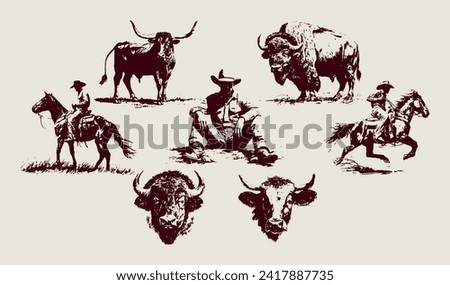 Western Rodeo Cowboy Vector Set, Vintage Illustration Buffalo, Cattle, Coyote, Cowboy Rancher, wild west desert aesthetic	