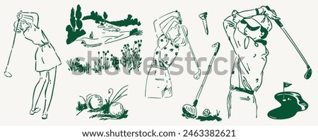 Golf, Golfing Woman Golfer Swing Golf Ball, Vintage Collection Vector Hand-Drawn Illustration Set