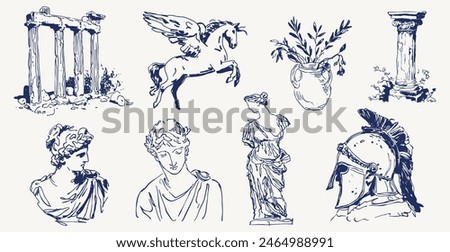 Set of hand drawn Greek Classic Aesthetic Statues Mythology, Angora, Architecture Greece Columns Illustration Vector Set